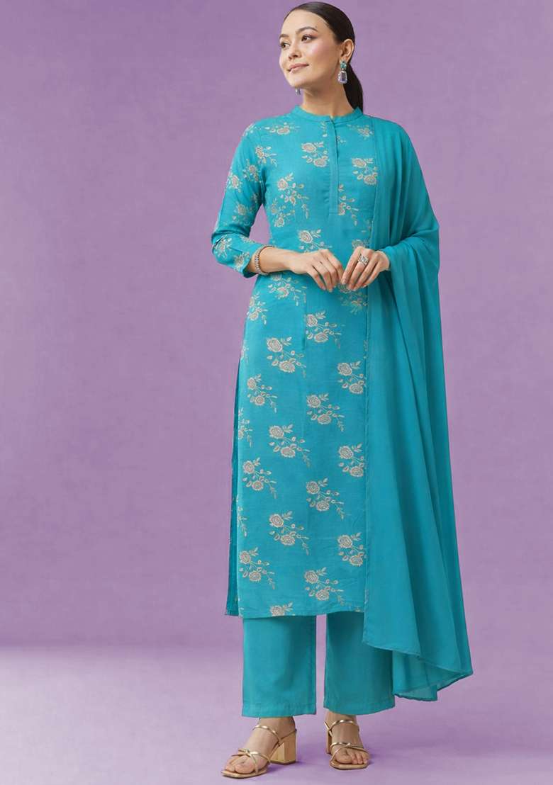 Blue Embroidered Crepe Straight Kurta Set - Indya
