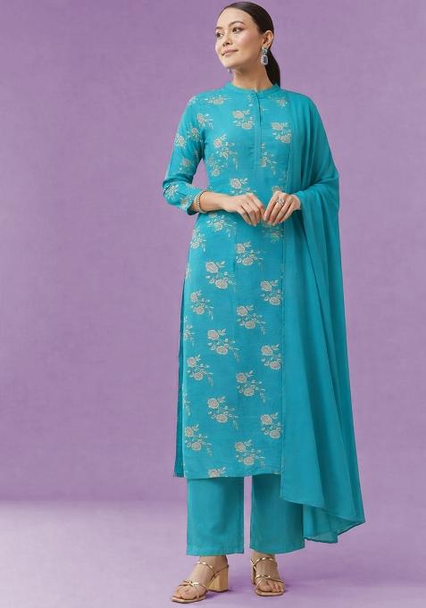 Blue Embroidered Crepe Straight Kurta Set