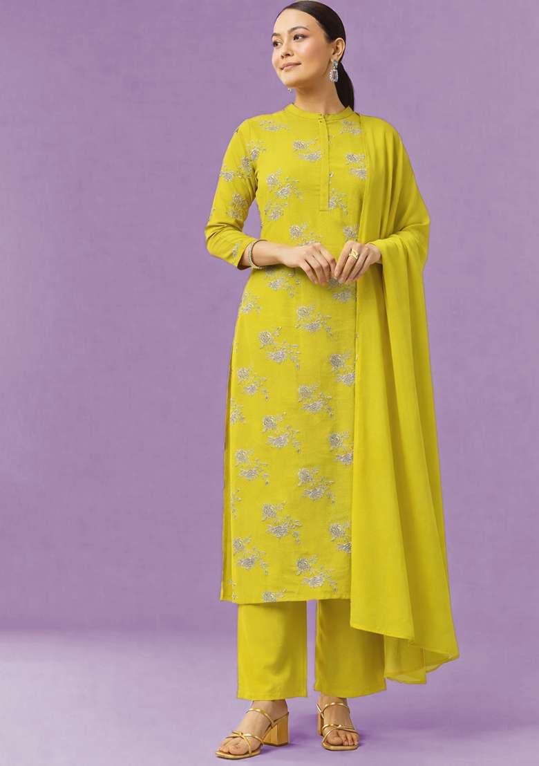 Yellow Embroidered Crepe Straight Kurta Set - Indya
