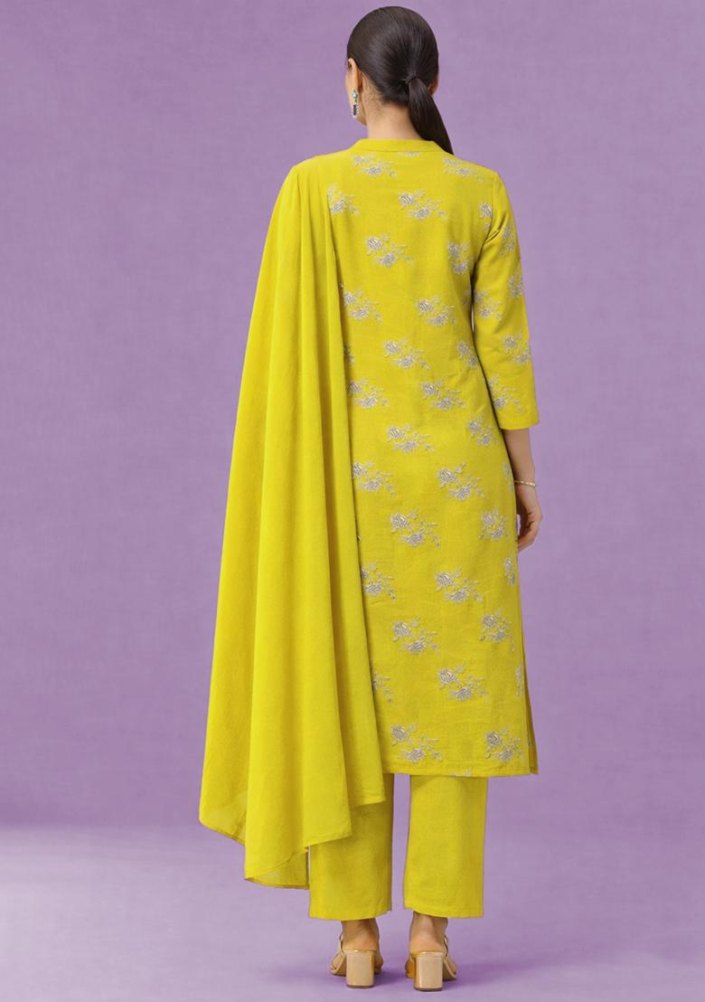 Yellow Embroidered Crepe Kurta Set - Indya