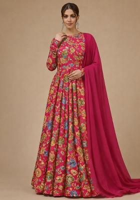 Pink Floral Print Crepe Anarkali With Dupatta