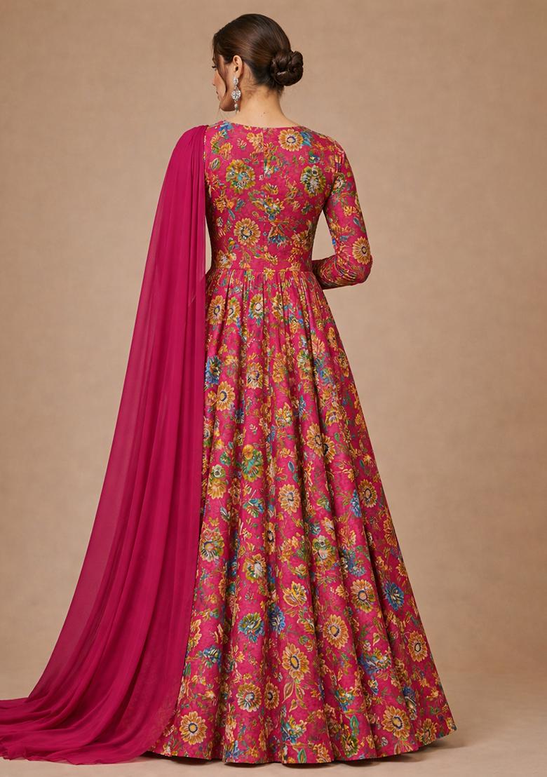 Pink Floral Print Crepe Anarkali With Dupatta - Indya