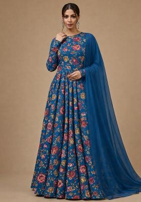 Royal Blue Floral Print Crepe Anarkali With Dupatta