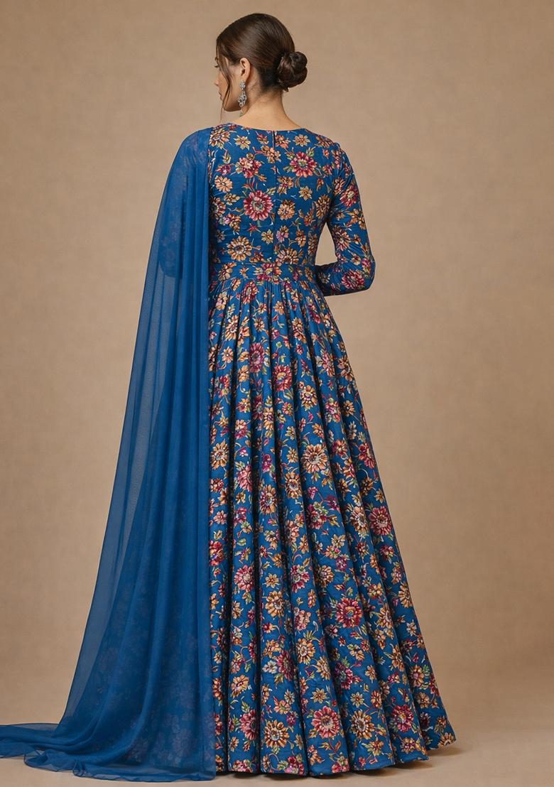 Royal Blue Floral Print Crepe Anarkali With Dupatta - Indya