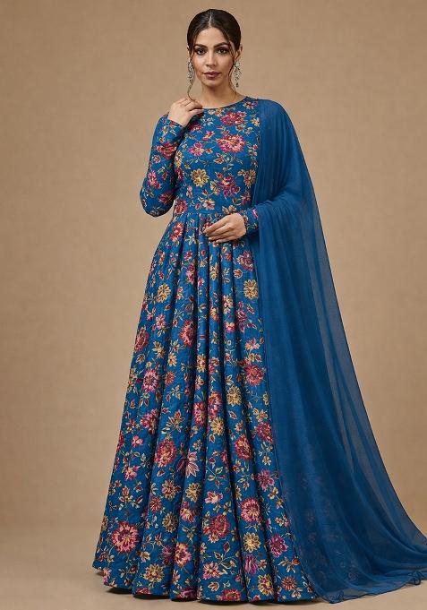 Royal Blue Floral Print Crepe Anarkali With Dupatta