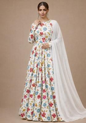 White Floral Print Crepe Anarkali With Dupatta