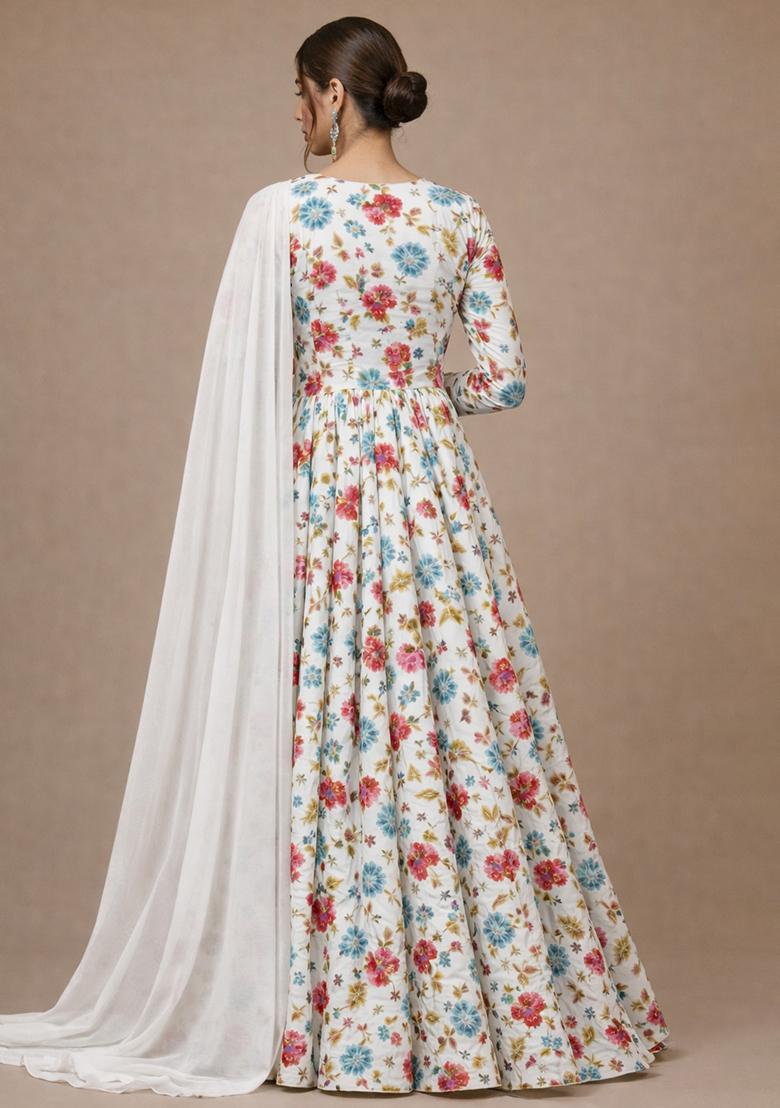 White Floral Print Crepe Anarkali With Dupatta - Indya
