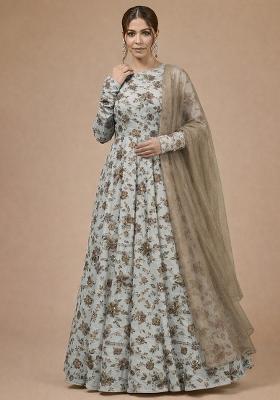 Beige Floral Print Crepe Anarkali With Dupatta