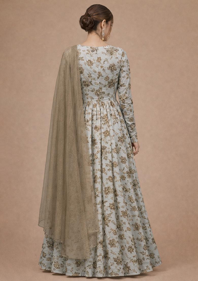 Beige Floral Print Crepe Anarkali With Dupatta - Indya