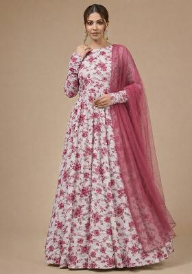White Floral Print Crepe Anarkali With Dupatta