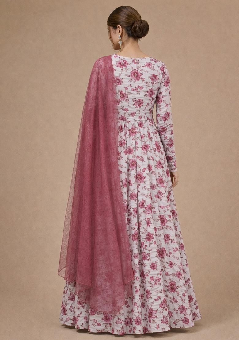 White Floral Print Crepe Anarkali With Dupatta - Indya