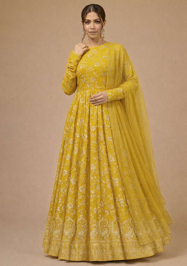 Yellow Tissue Anarkali With Dupatta - Indya