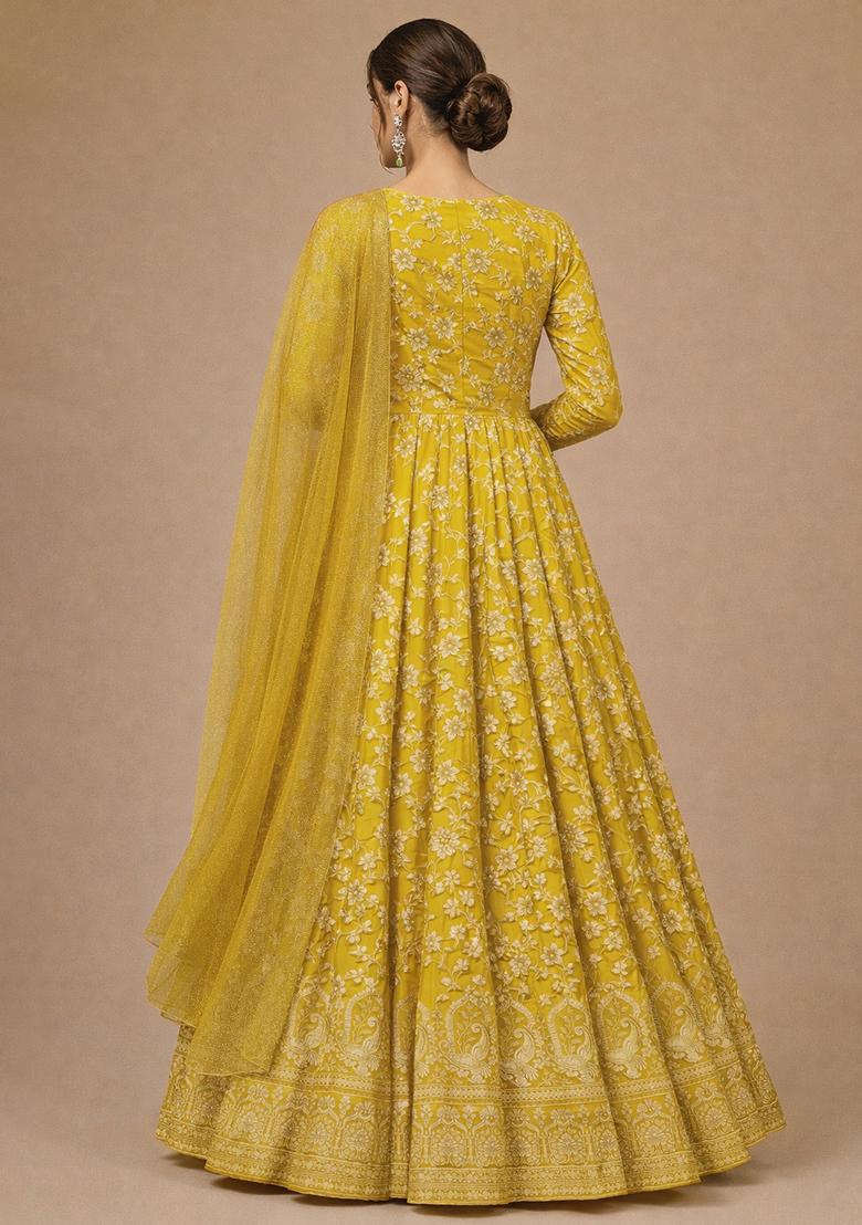 Yellow Tissue Anarkali With Dupatta - Indya
