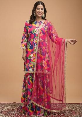 Pink Floral Print Georgette Sharara Set
