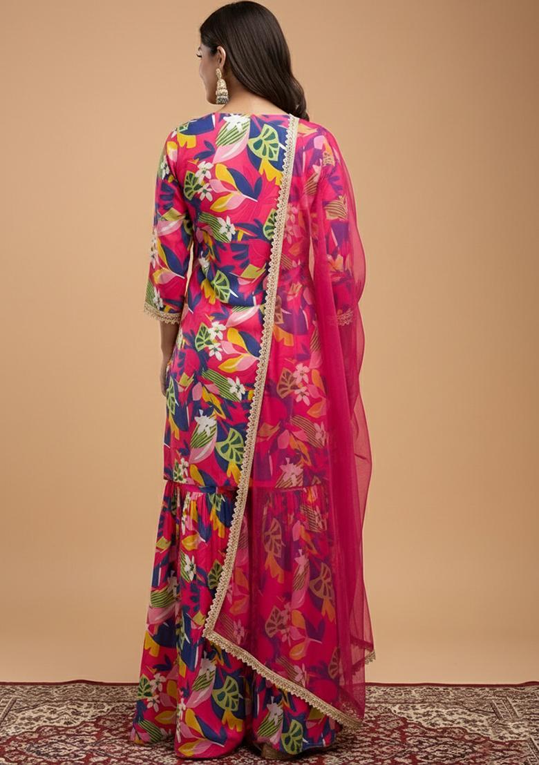 Pink Floral Print Georgette Sharara Set - Indya