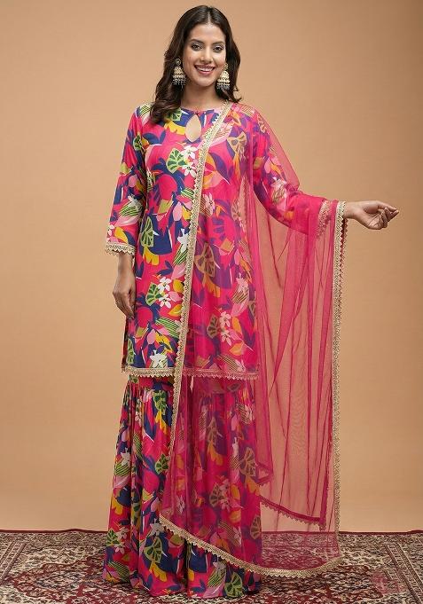 Pink Floral Print Georgette Sharara Set