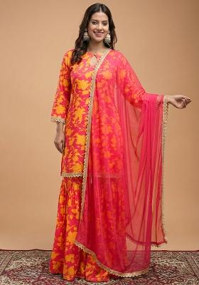 Rose Red Floral Print Georgette Sharara Set