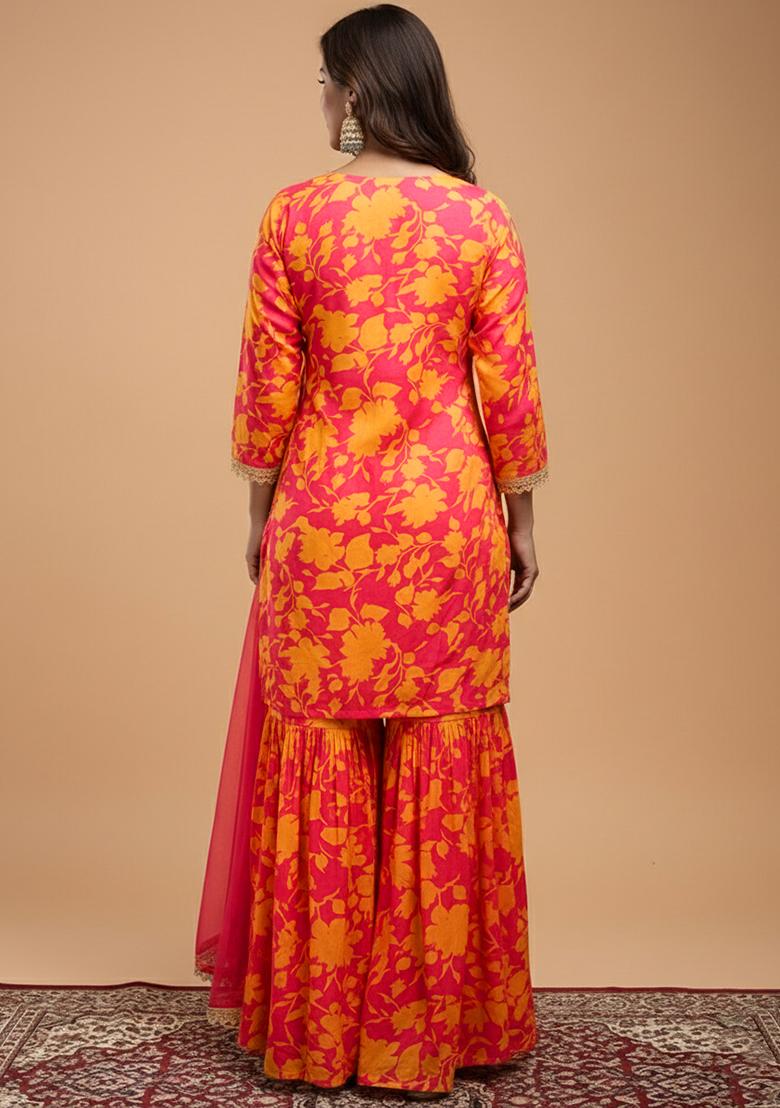 Rose Red Floral Print Georgette Sharara Set - Indya