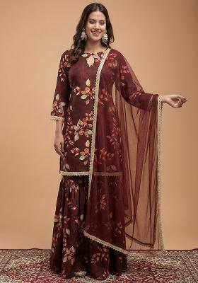 Brown Floral Print Georgette Sharara Set