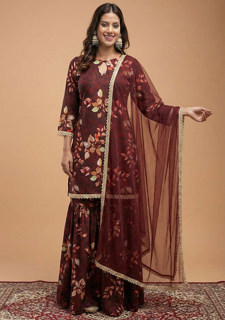 Brown Floral Print Georgette Sharara Set - Indya