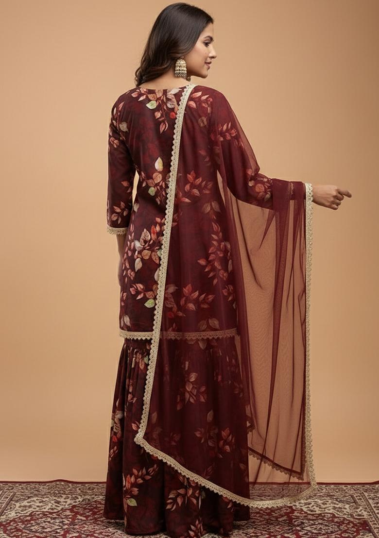 Brown Floral Print Georgette Sharara Set - Indya