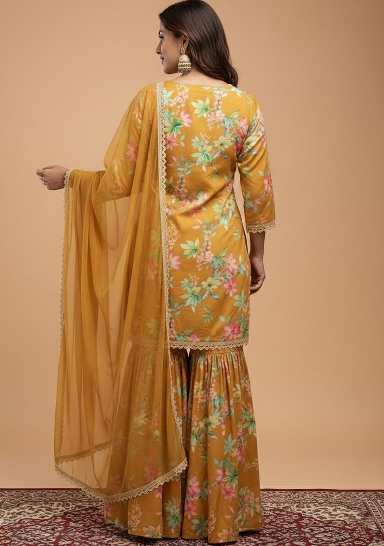 Mustard Floral Print Georgette Sharara Set - Indya