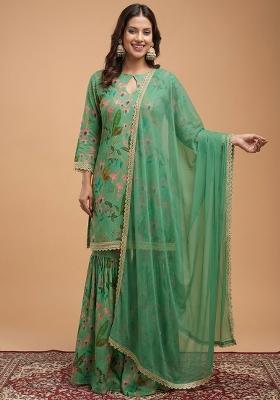 Sea Green Floral Print Georgette Sharara Set