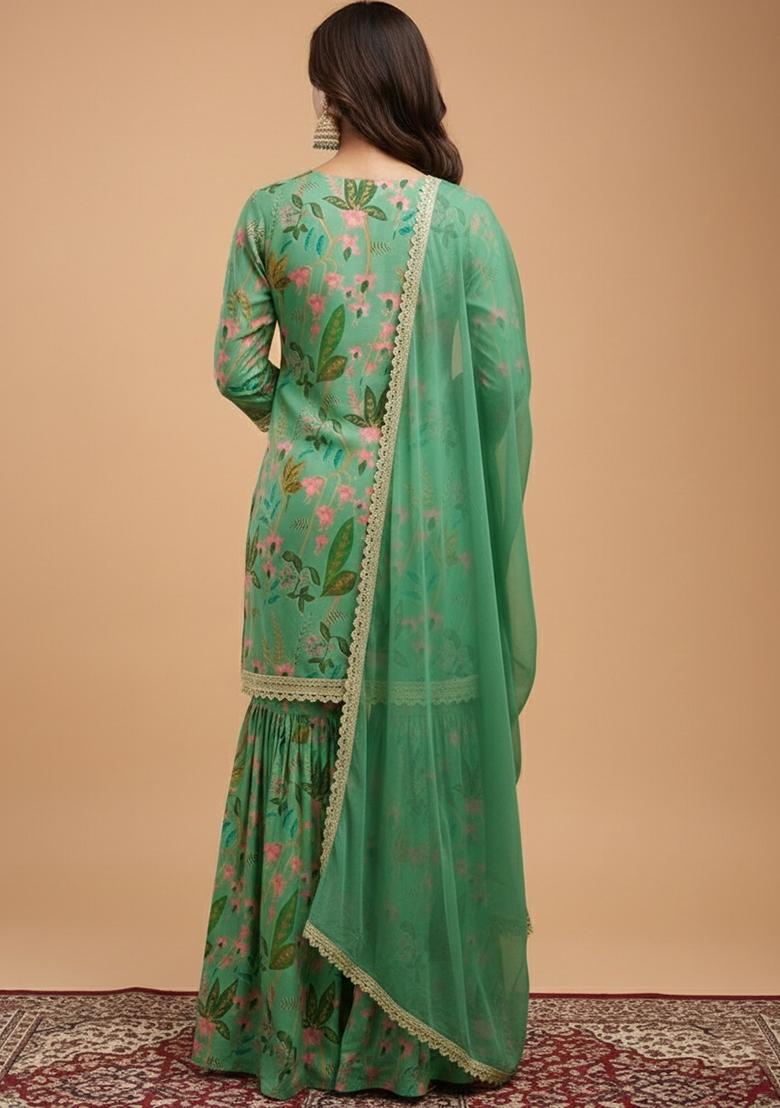 Sea Green Floral Print Georgette Sharara Set - Indya