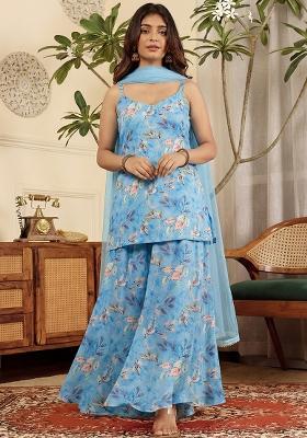 Blue Floral Print Silk Sharara Set