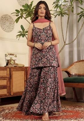Charcoal Grey Floral Print Silk Sharara Set