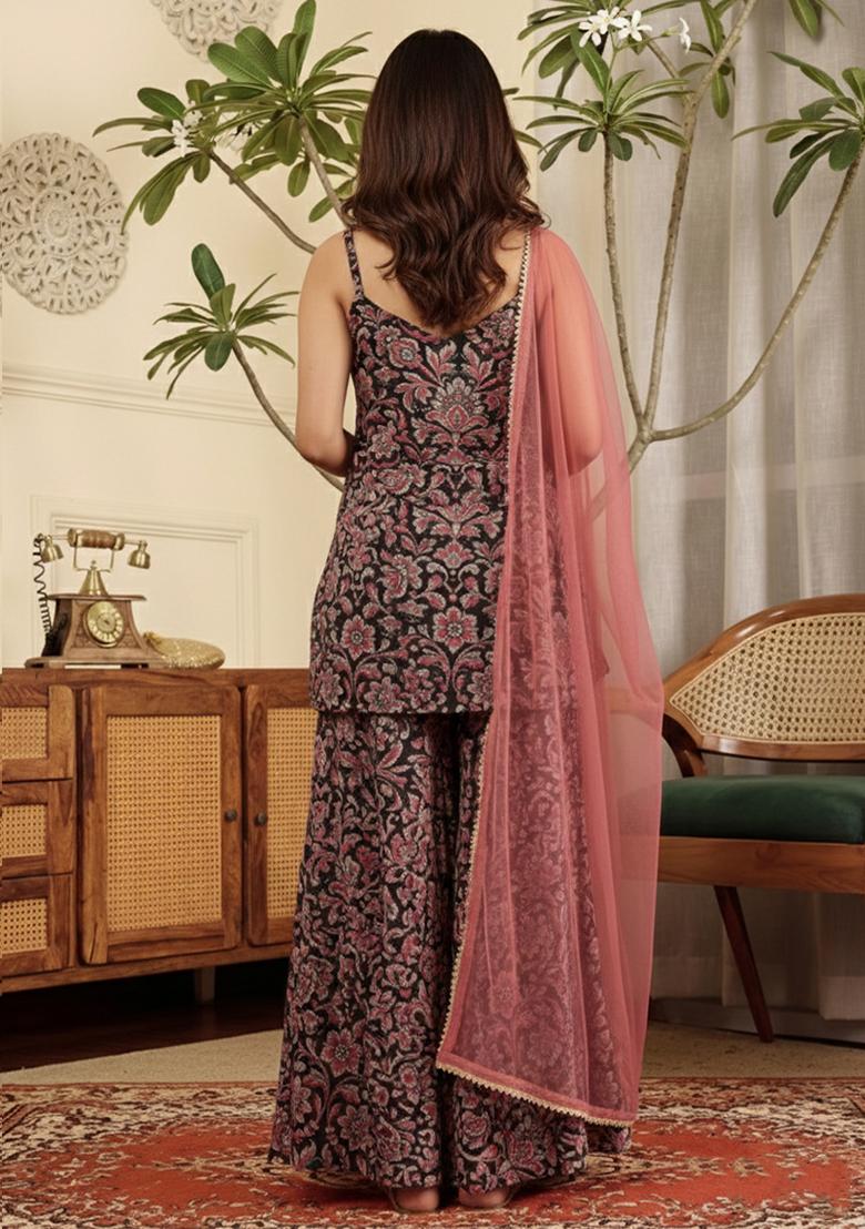 Charcoal Grey Floral Print Silk Sharara Set - Indya