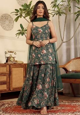 Deep Green Floral Print Silk Sharara Set