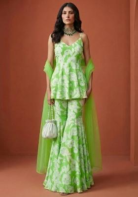 Green Floral Print Silk Sharara Set