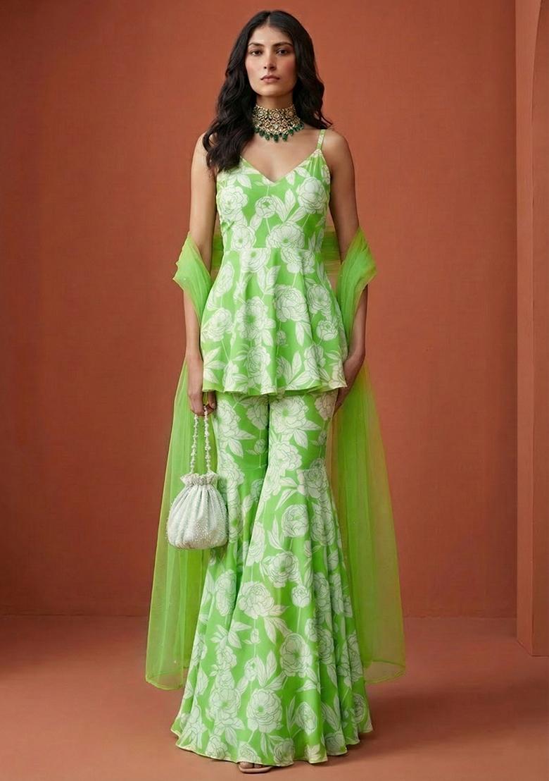 Green Floral Print Silk Sharara Set - Indya
