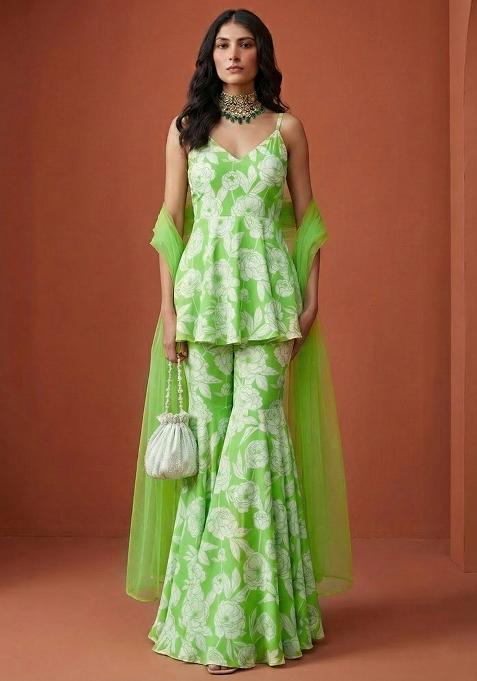 Green Floral Print Silk Sharara Set