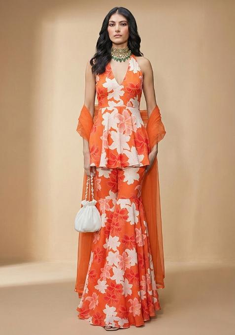 Orange Floral Print Silk Sharara Set