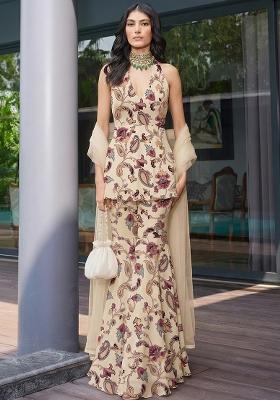 Beige Floral Print Silk Sharara Set