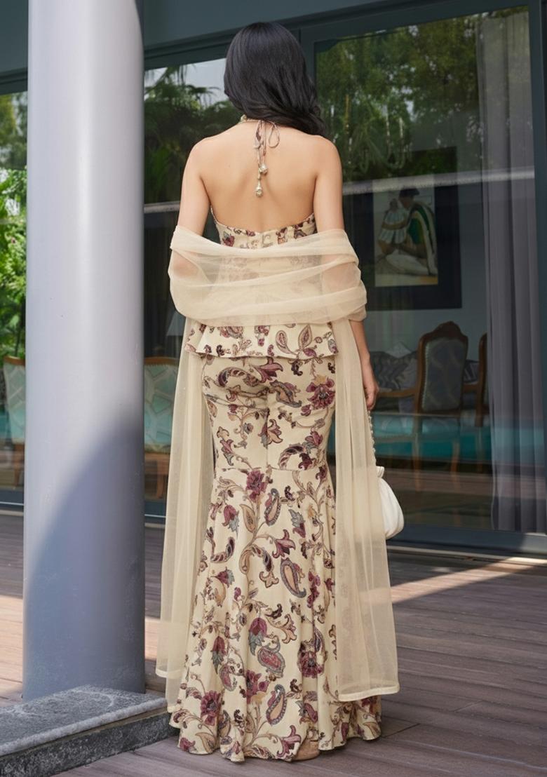 Beige Floral Print Silk Sharara Set - Indya
