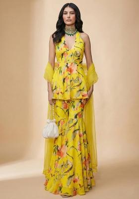 Yellow Floral Print Silk Sharara Set