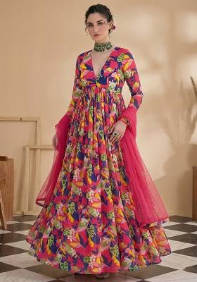 Pink Floral Print Georgette Anarkali With Dupatta