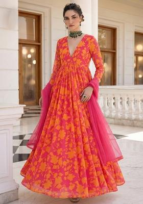 Orange Floral Print Georgette Anarkali With Dupatta