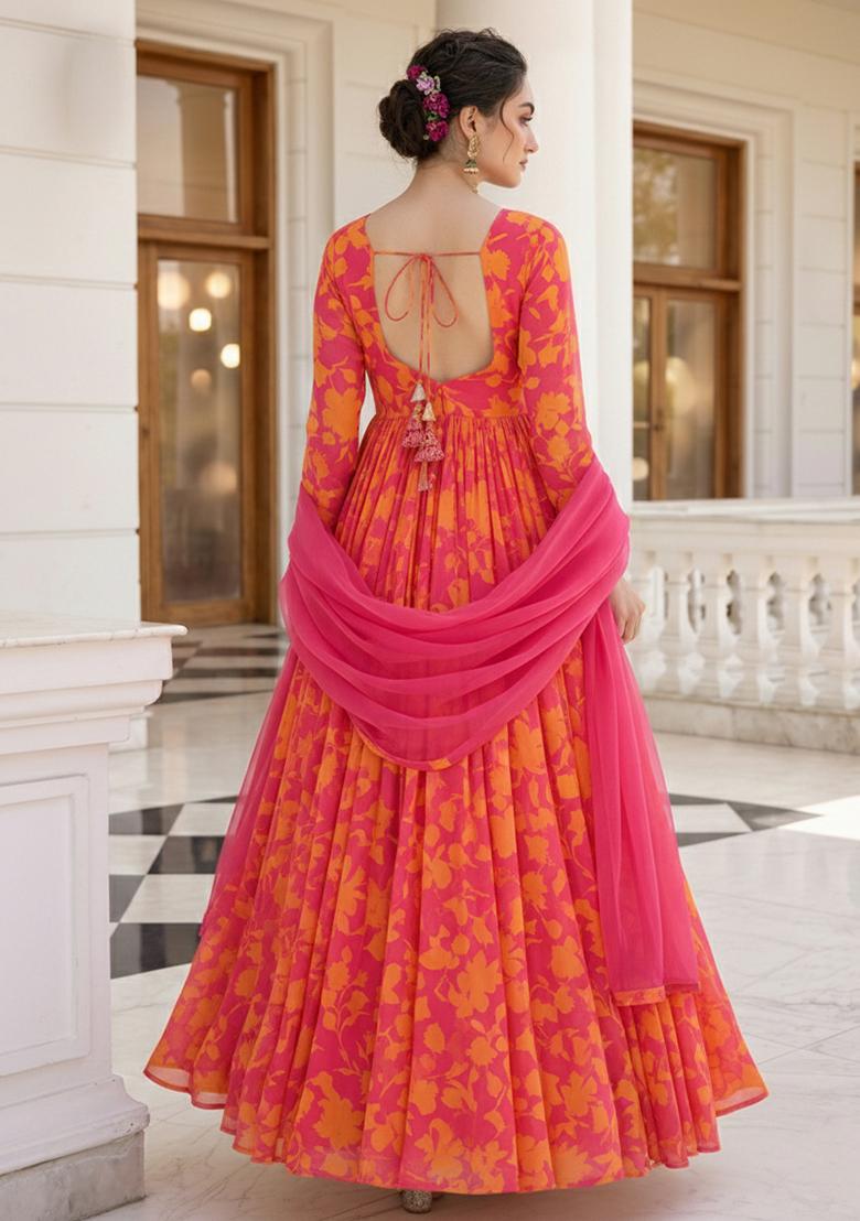 Orange Floral Print Georgette Anarkali With Dupatta - Indya
