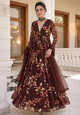 Brown Floral Print Georgette Anarkali With Dupatta