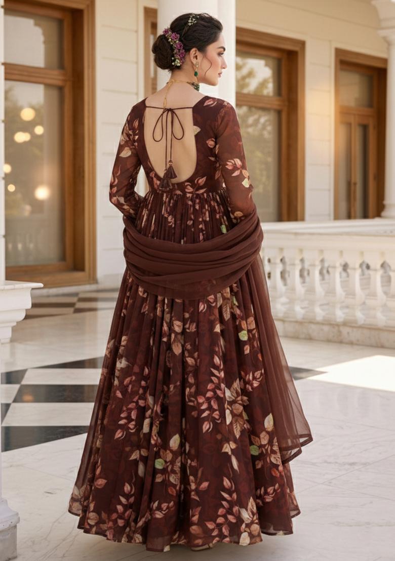 Brown Floral Print Georgette Anarkali With Dupatta - Indya