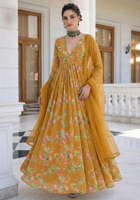 Mustard Floral Print Georgette Anarkali With Dupatta