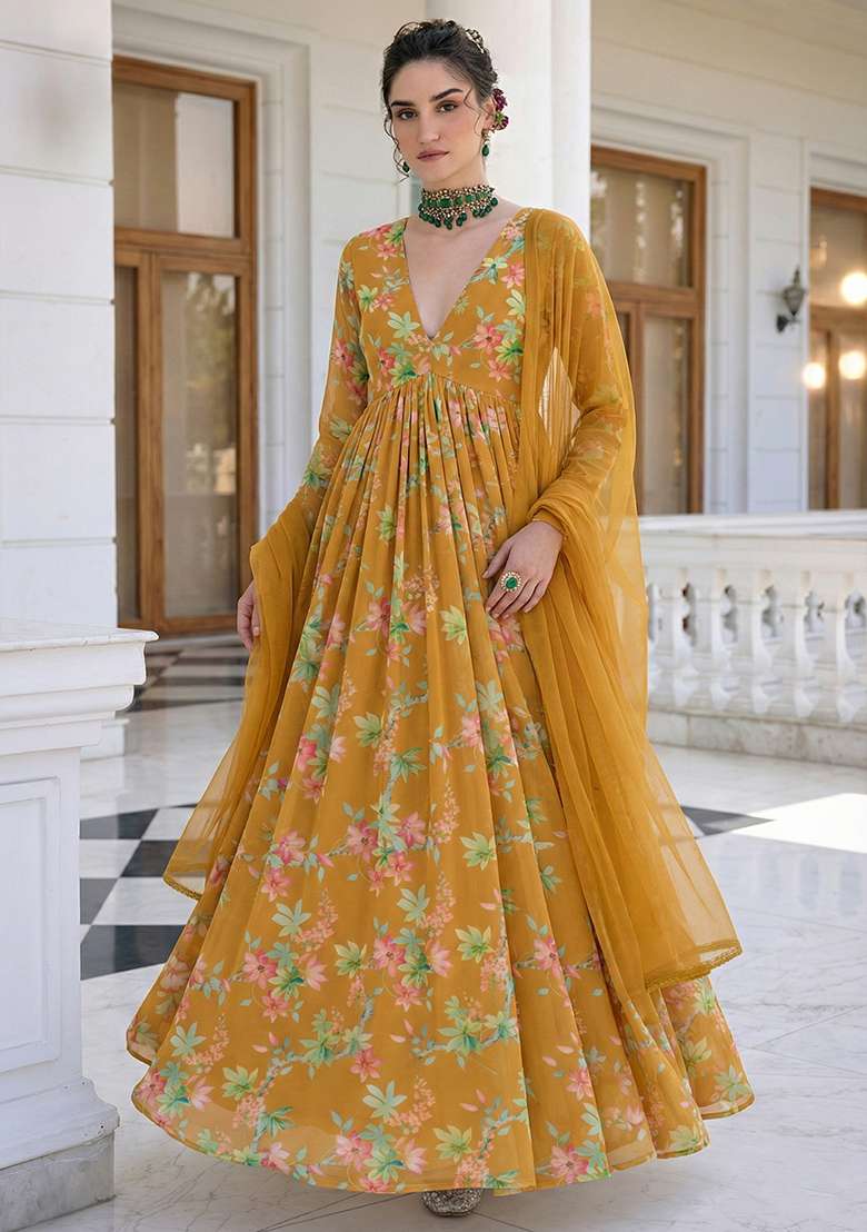 Mustard Floral Print Georgette Anarkali With Dupatta - Indya
