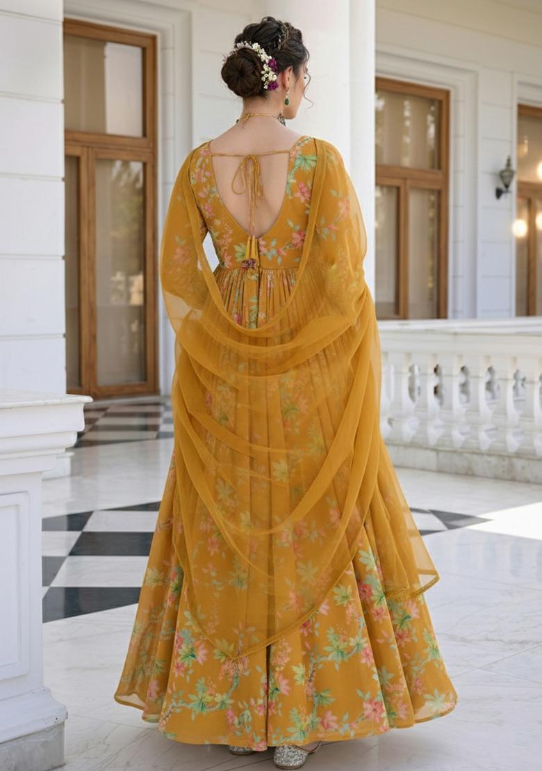 Mustard Floral Print Georgette Anarkali With Dupatta - Indya