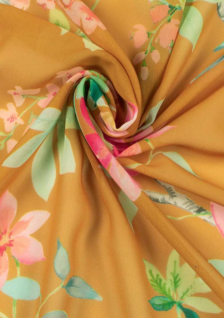 Mustard Floral Print Georgette Anarkali With Dupatta - Indya