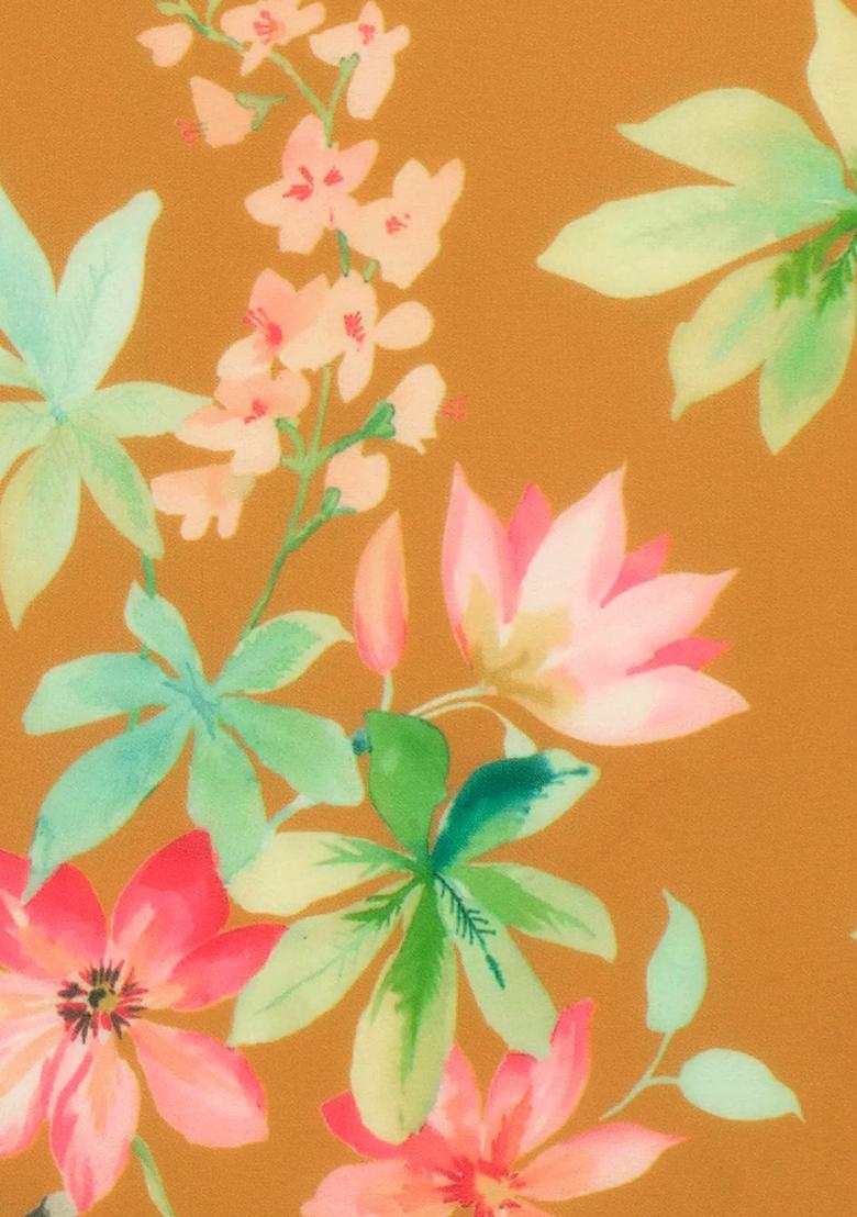 Mustard Floral Print Georgette Anarkali With Dupatta - Indya