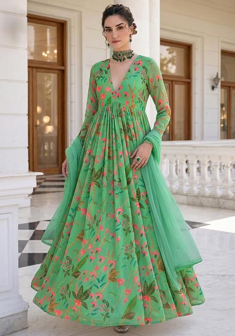 Pastel Green Floral Print Georgette Anarkali With Dupatta